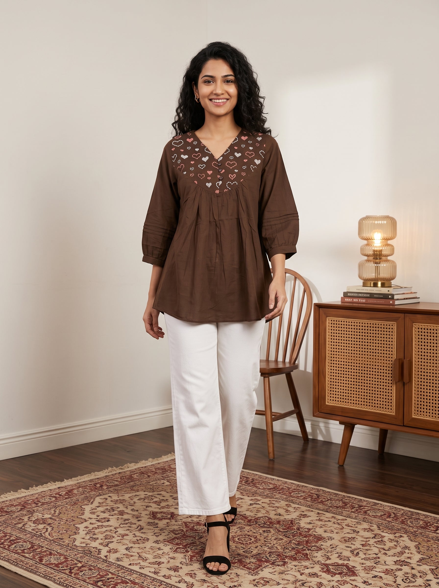 Women's Black Printed Cotton Peplum Top | Mandarin Collar | 3/4 Sleeves | Casual & Office Wear