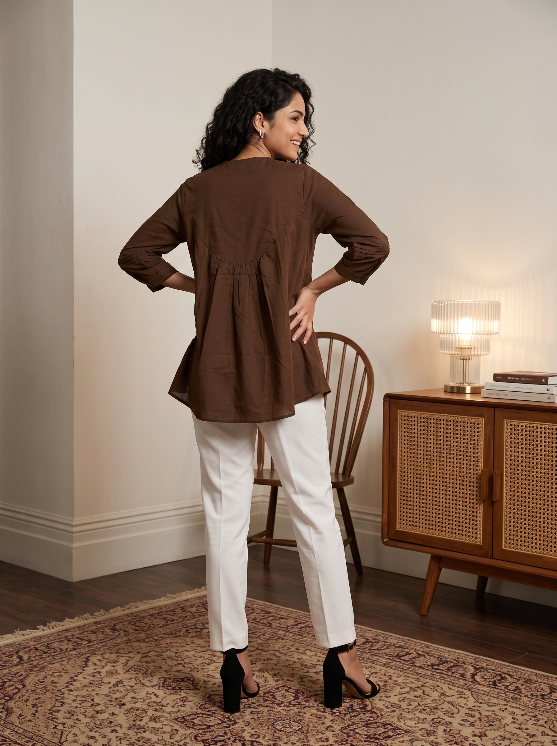 Women's Black Printed Cotton Peplum Top | Mandarin Collar | 3/4 Sleeves | Casual & Office Wear