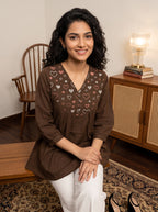 Women's Black Printed Cotton Peplum Top | Mandarin Collar | 3/4 Sleeves | Casual & Office Wear