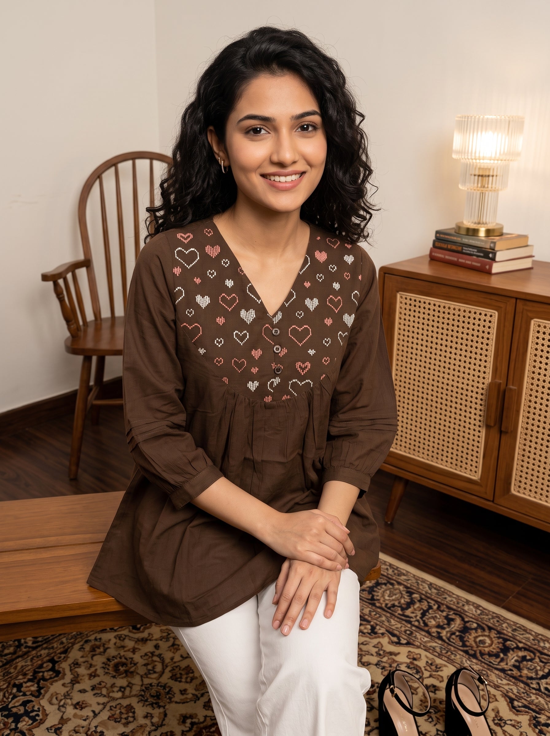 Women's Black Printed Cotton Peplum Top | Mandarin Collar | 3/4 Sleeves | Casual & Office Wear