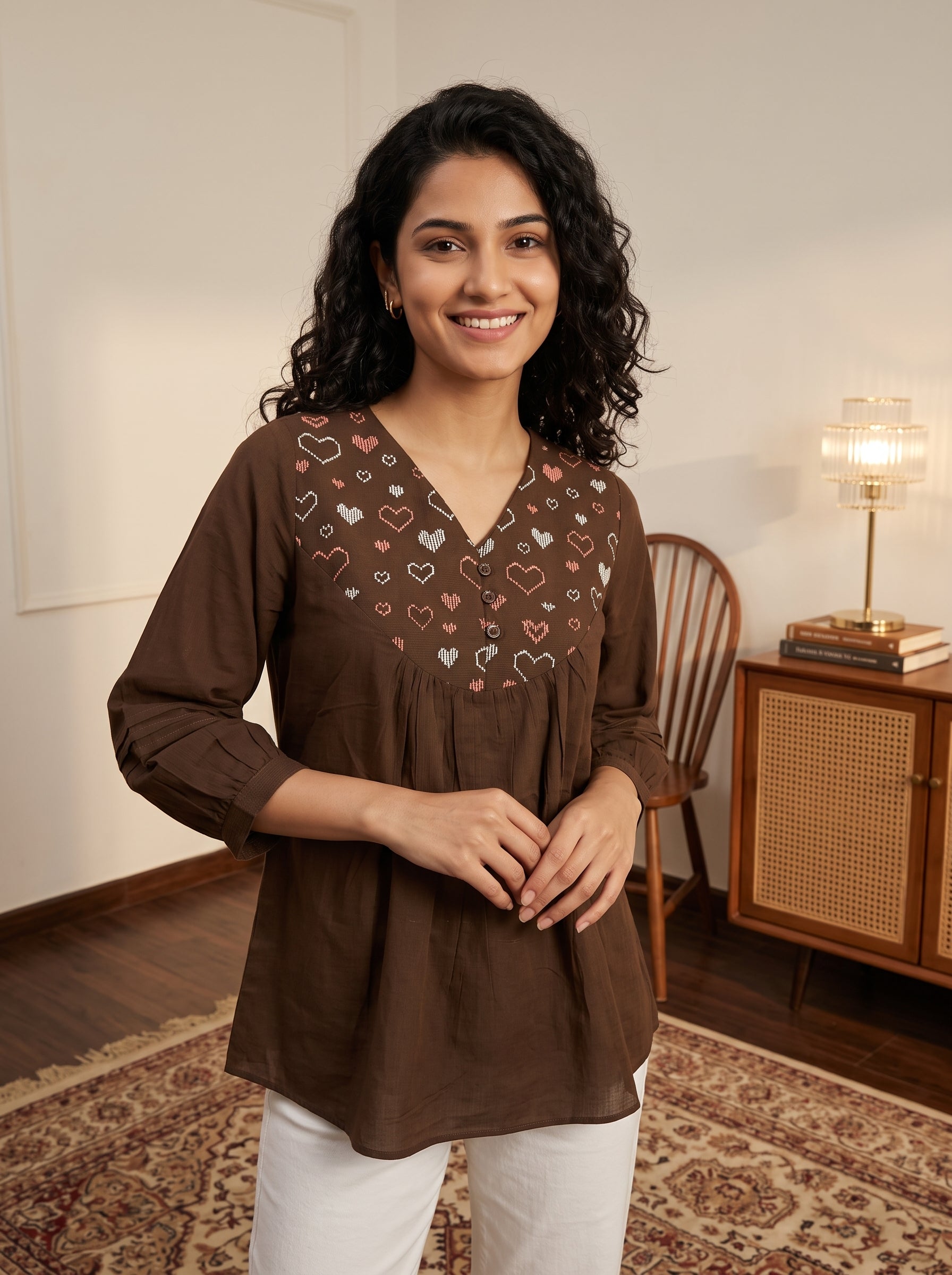 Women's Black Printed Cotton Peplum Top | Mandarin Collar | 3/4 Sleeves | Casual & Office Wear