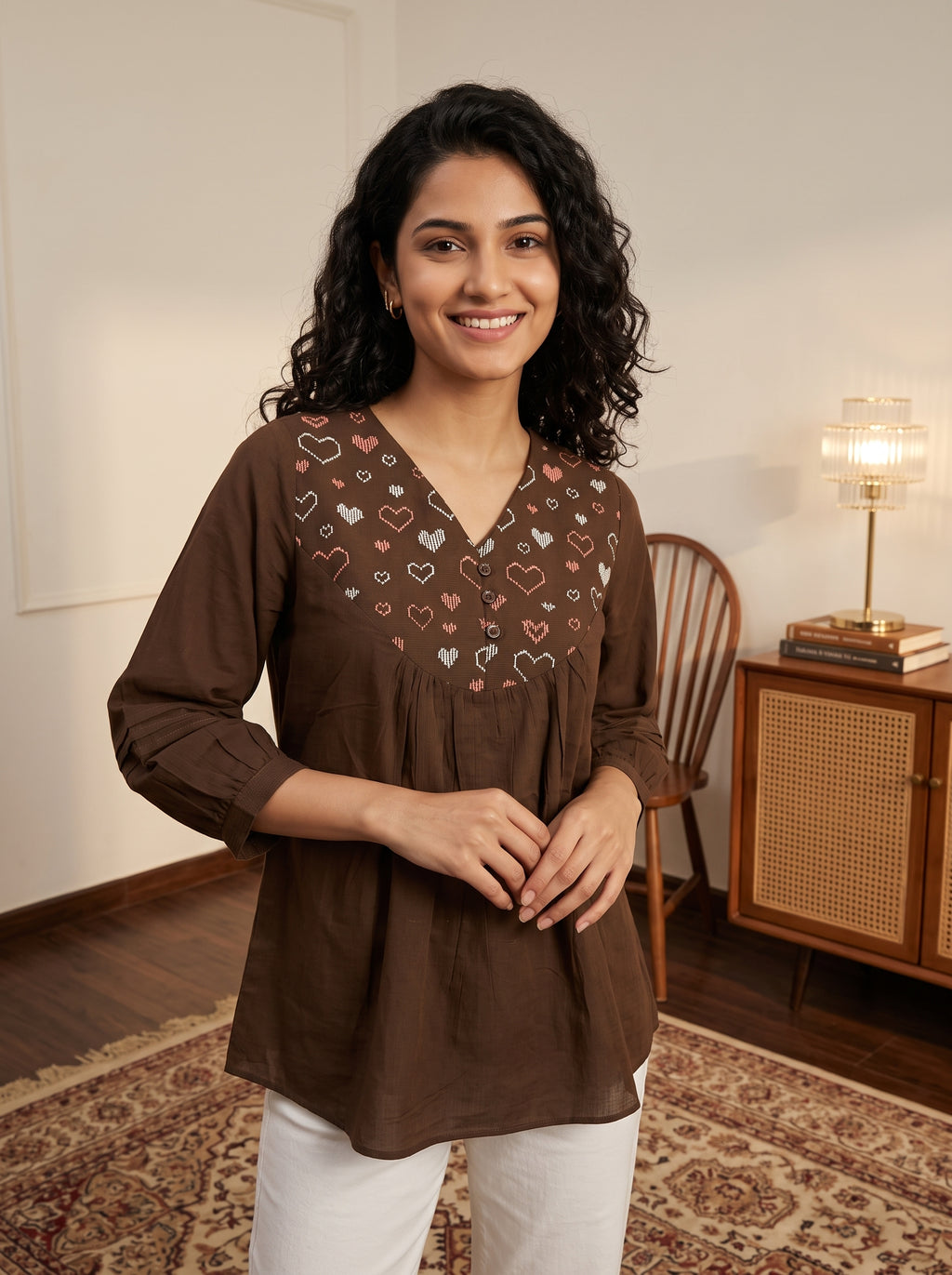 Women's Coffee Brown Embroidered Cotton Top