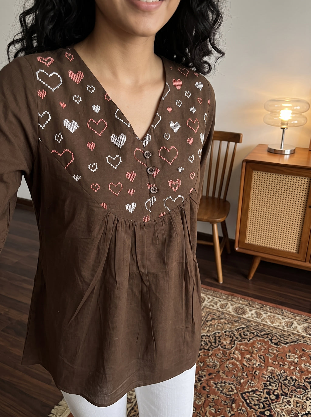 Women's Black Printed Cotton Peplum Top | Mandarin Collar | 3/4 Sleeves | Casual & Office Wear