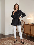 Women's Black Printed Cotton Peplum Top