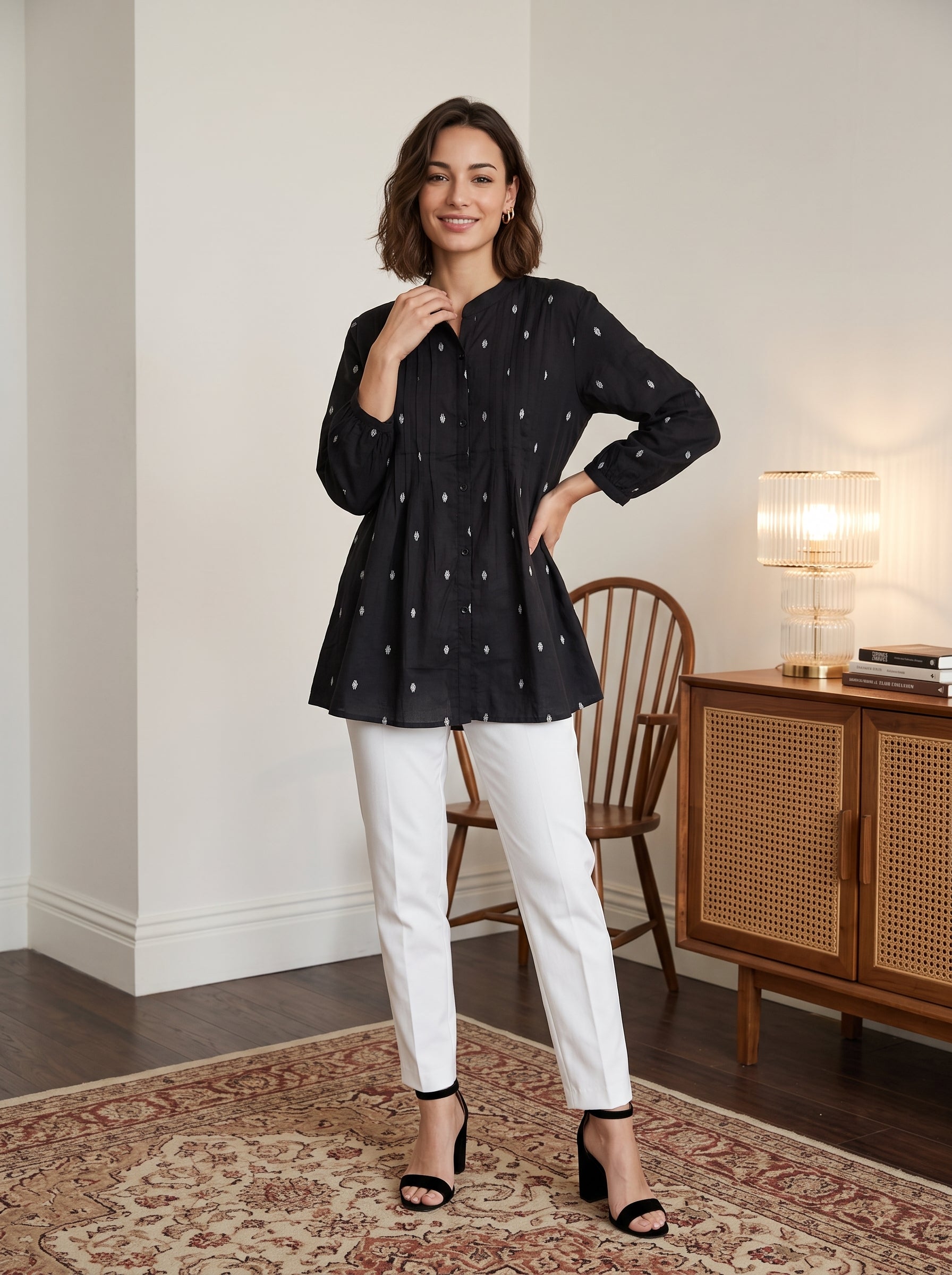 Women's Black Printed Cotton Peplum Top