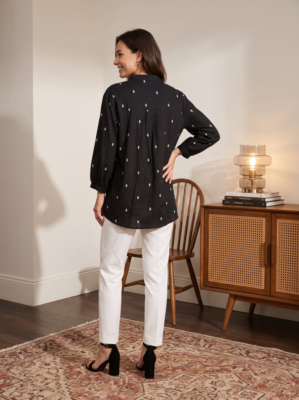 Women's Black Printed Cotton Peplum Top