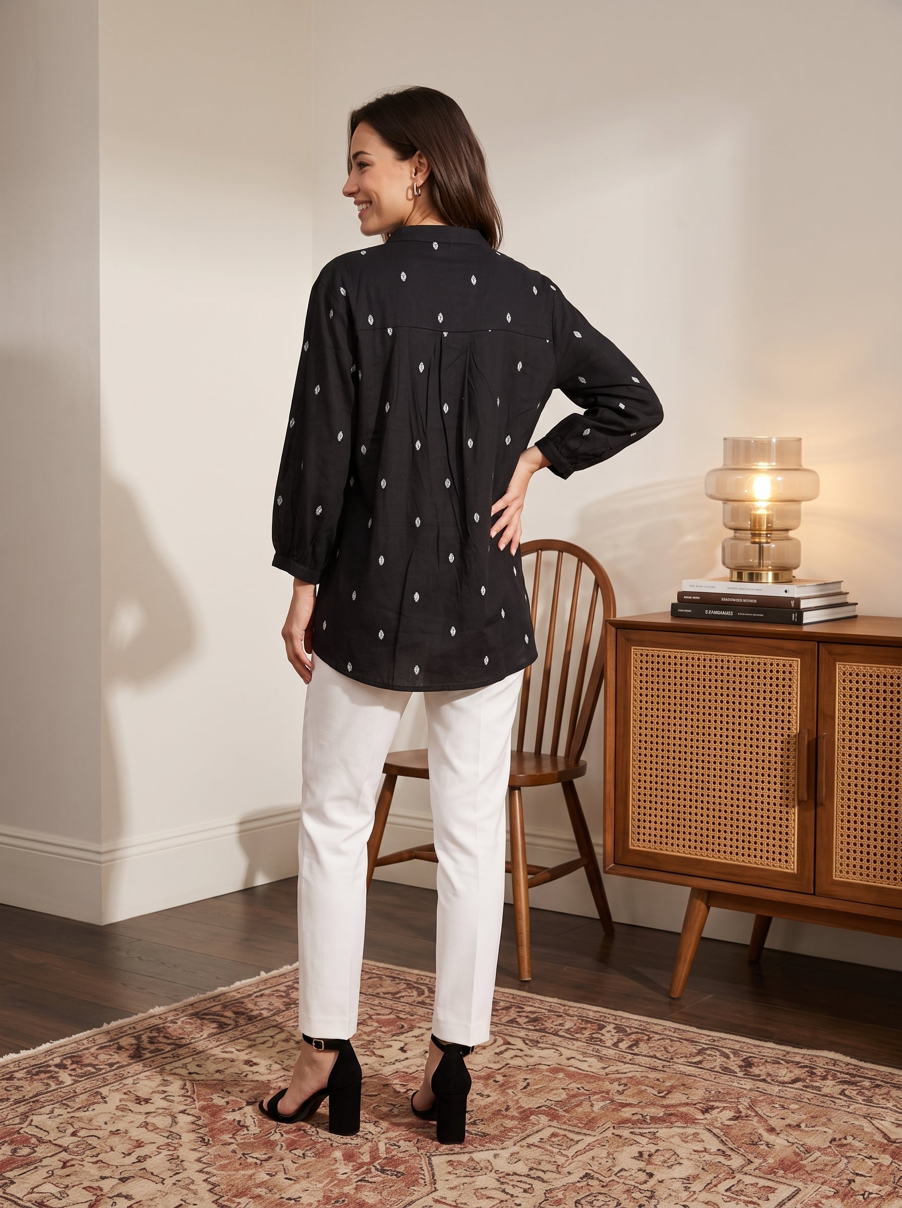 Women's Black Printed Cotton Peplum Top