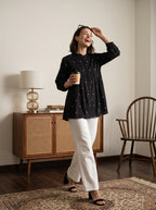Women's Black Printed Cotton Peplum Top