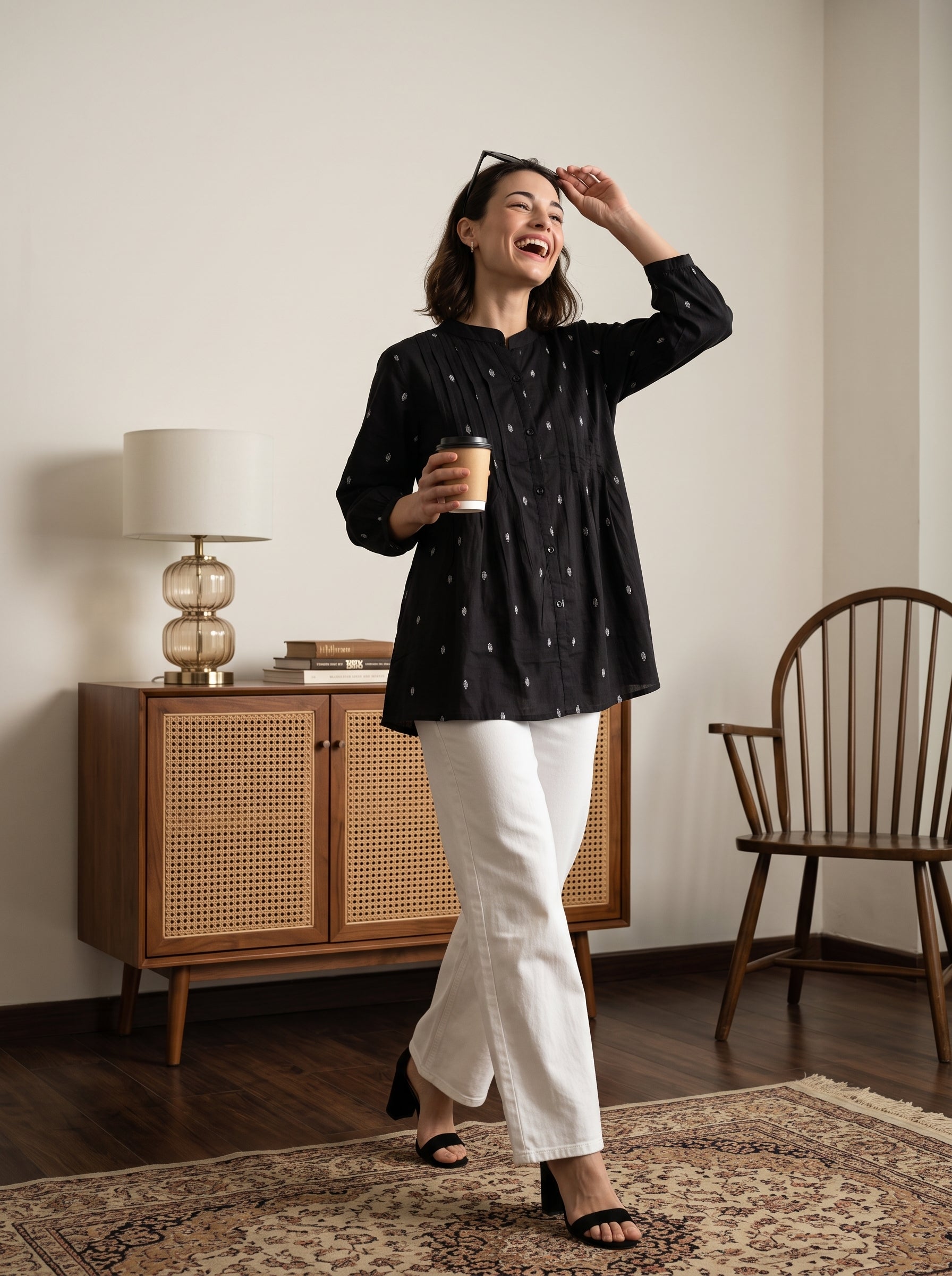 Women's Black Printed Cotton Peplum Top
