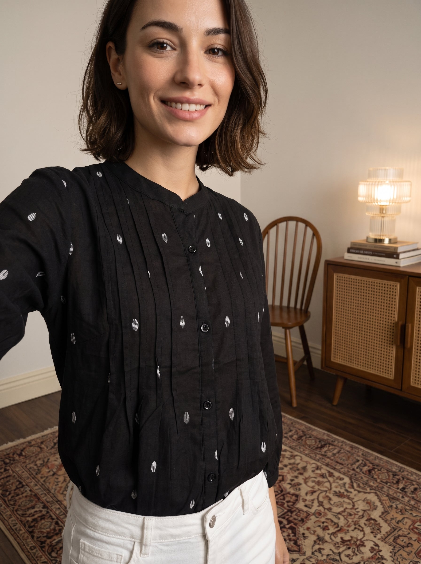 Women's Black Printed Cotton Peplum Top