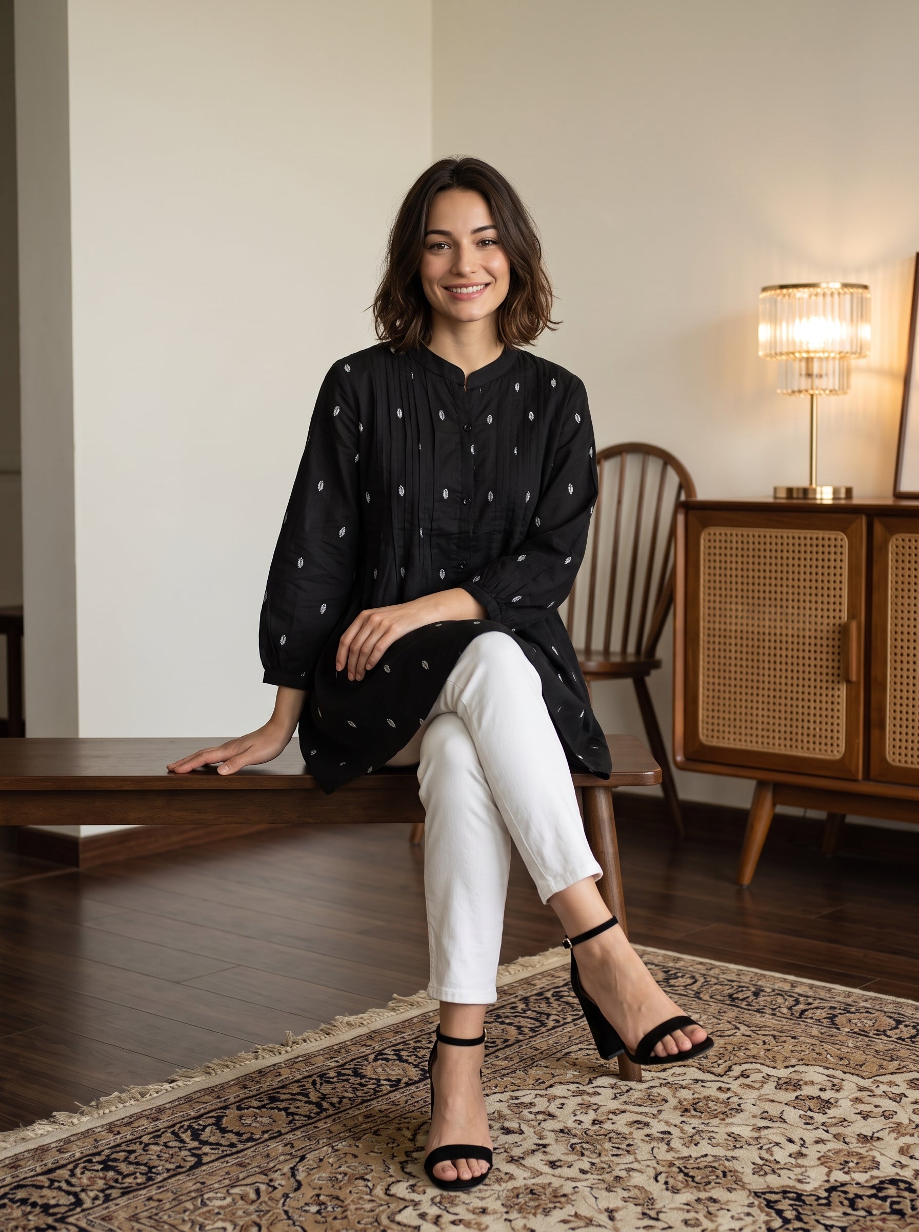 Women's Black Printed Cotton Peplum Top