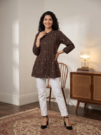 Women's Brown Printed Cotton A-Line Top | Mandarin Collar | Pintuck Detail | 3/4 Sleeves | Casual & Office Wear