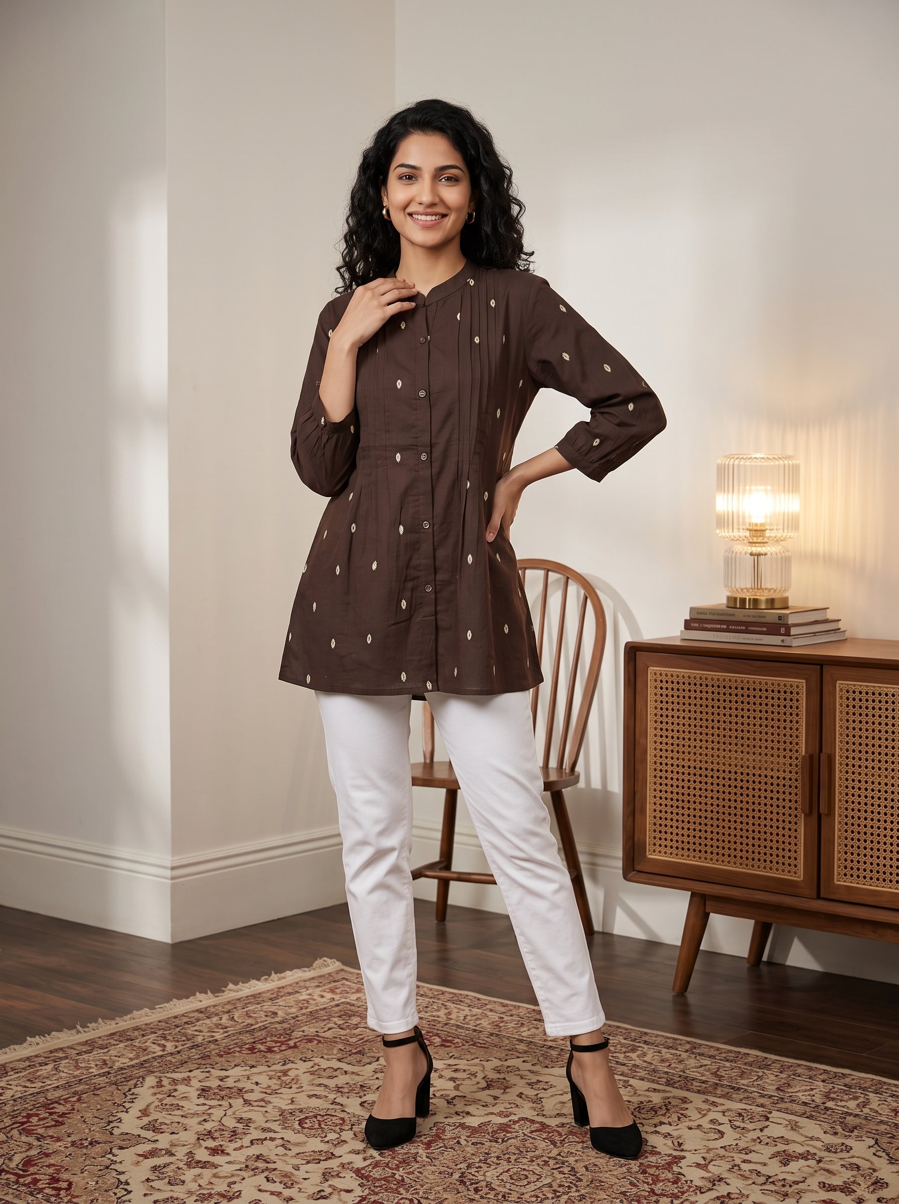 Women's Brown Printed Cotton A-Line Top | Mandarin Collar | Pintuck Detail | 3/4 Sleeves | Casual & Office Wear