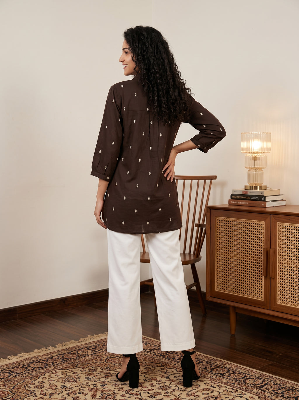 Women's Brown Printed Cotton A-Line Top | Mandarin Collar | Pintuck Detail | 3/4 Sleeves | Casual & Office Wear
