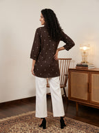 Women's Brown Printed Cotton A-Line Top | Mandarin Collar | Pintuck Detail | 3/4 Sleeves | Casual & Office Wear