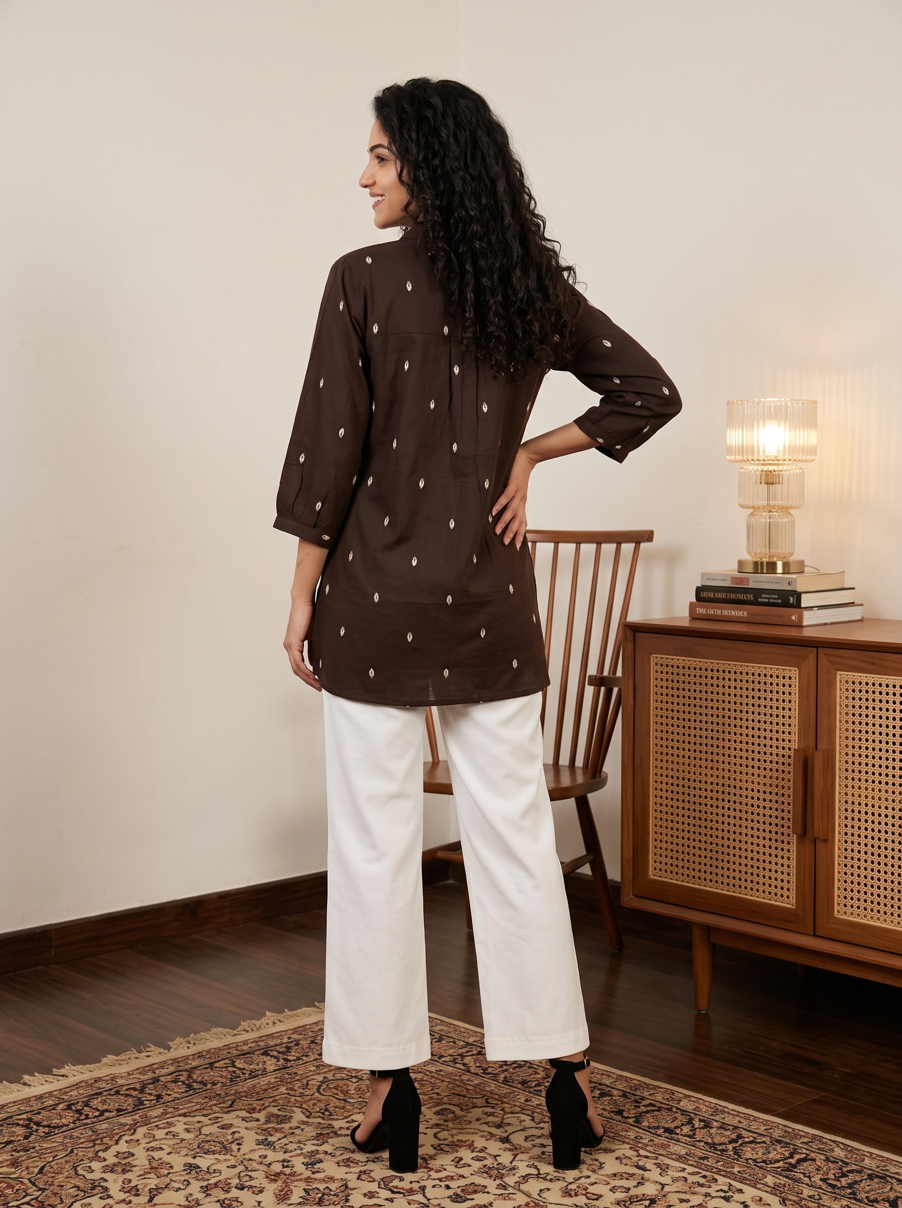 Women's Brown Printed Cotton A-Line Top | Mandarin Collar | Pintuck Detail | 3/4 Sleeves | Casual & Office Wear