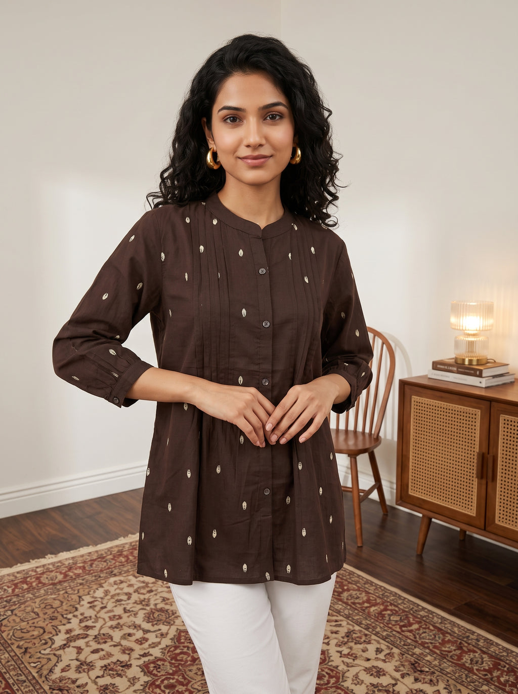 Women's Brown Printed Cotton A-Line Top | Mandarin Collar | Pintuck Detail | 3/4 Sleeves | Casual & Office Wear