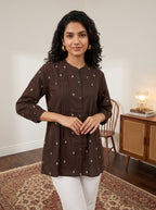 Women's Brown Printed Cotton A-Line Top | Mandarin Collar | Pintuck Detail | 3/4 Sleeves | Casual & Office Wear