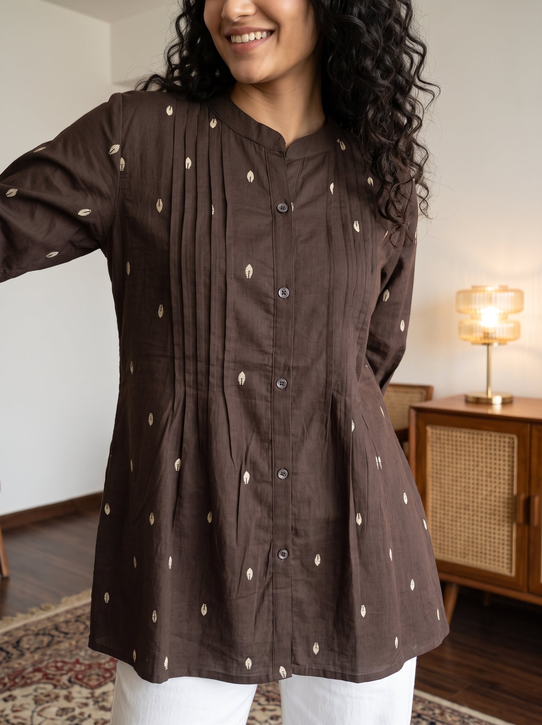 Women's Brown Printed Cotton A-Line Top | Mandarin Collar | Pintuck Detail | 3/4 Sleeves | Casual & Office Wear
