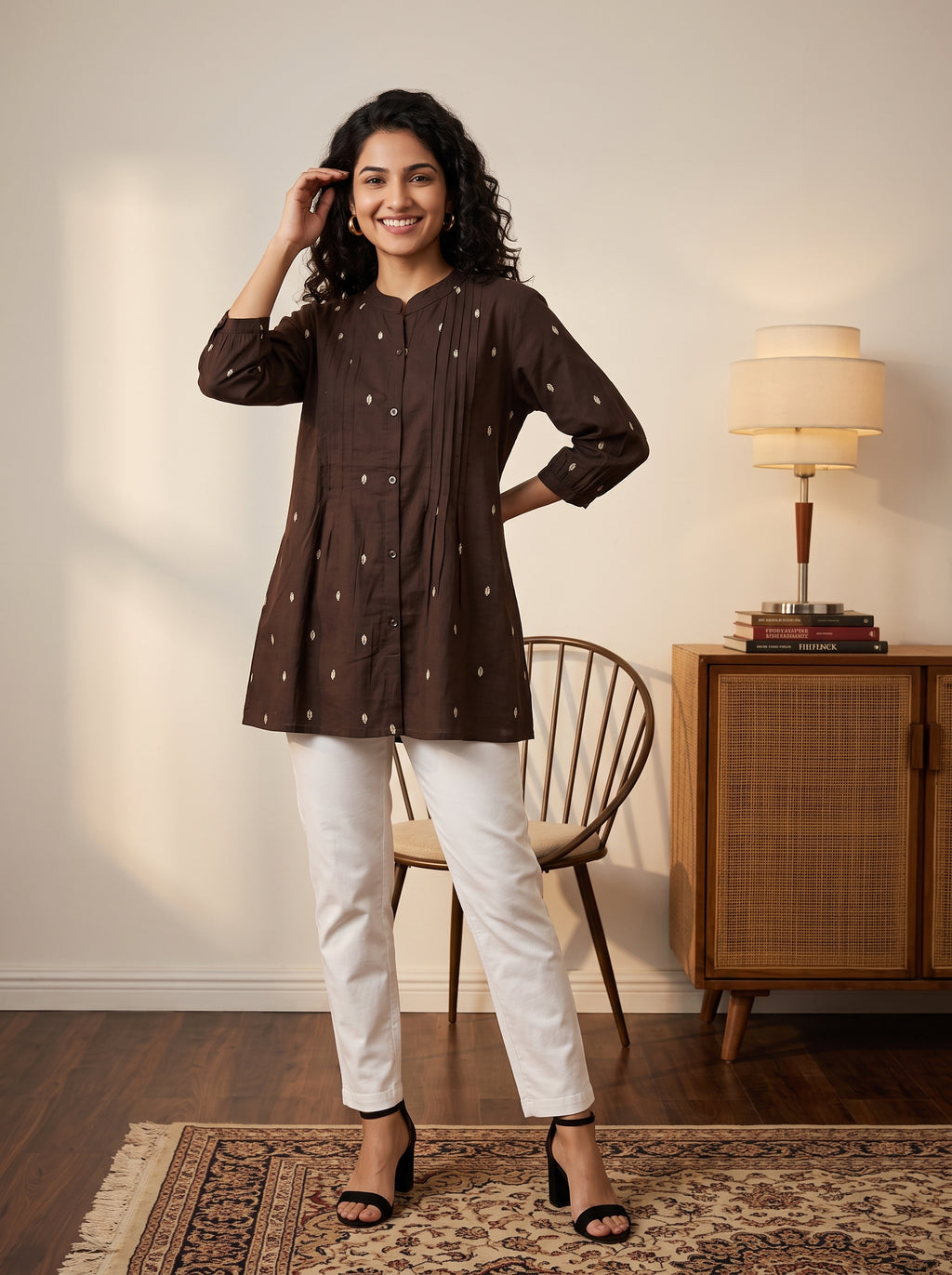 Women's Brown Printed Cotton A-Line Top | Mandarin Collar | Pintuck Detail | 3/4 Sleeves | Casual & Office Wear