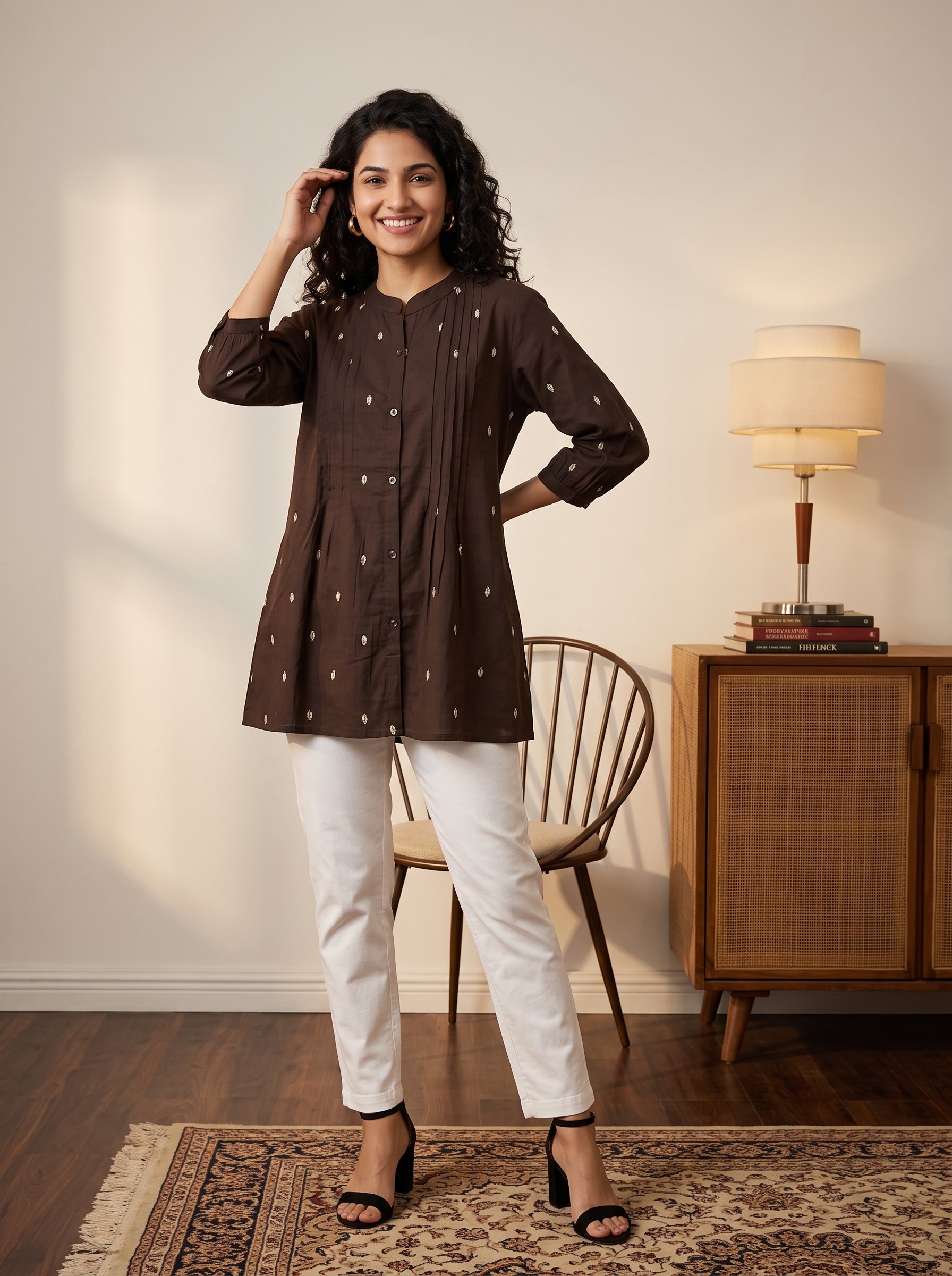 Women's Brown Printed Cotton A-Line Top | Mandarin Collar | Pintuck Detail | 3/4 Sleeves | Casual & Office Wear